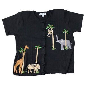 Peter Valentine Black Embellished Jungle Safari Animal S/S Cardigan Womens 1X